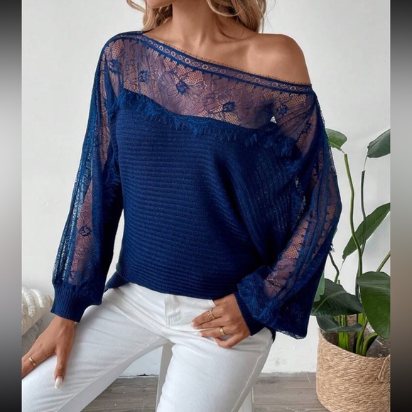 Luxe Sheer Mesh Lace Long Sleeve Knit Sweater Top Blue - Picture 4 of 6